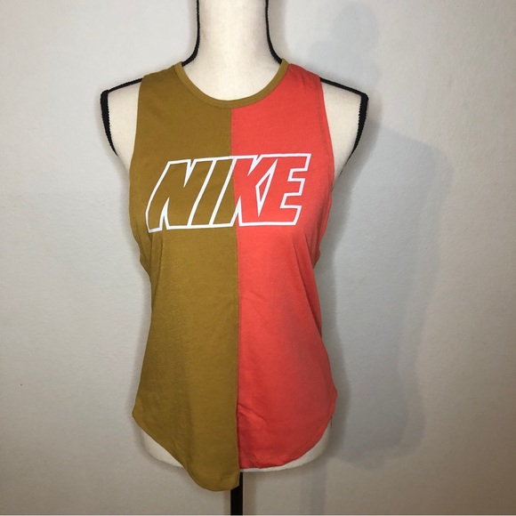 Nike Dri Fit Pink & Mustard Colorblock Racerback Keyhole Tank Top Size Small - Picture 2 of 6